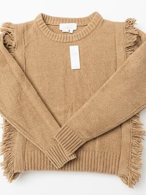 Anthropologie Fringe-Trim Crewneck Sweater - Camel/Tan